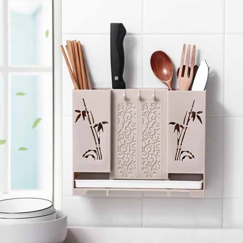 Chopstick tube wall-mounted chopstick storage box kitchen spoon chopstick box household chopstick basket storage rack without punching wall-mounted with knife holder (light blue)