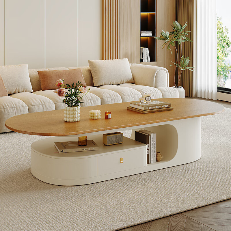 Home cream style living room solid wood coffee table small apartment home light luxury oval table tea table antique style high-end tea table solid wood countertop rosewood color oval coffee table 120*60*42cm