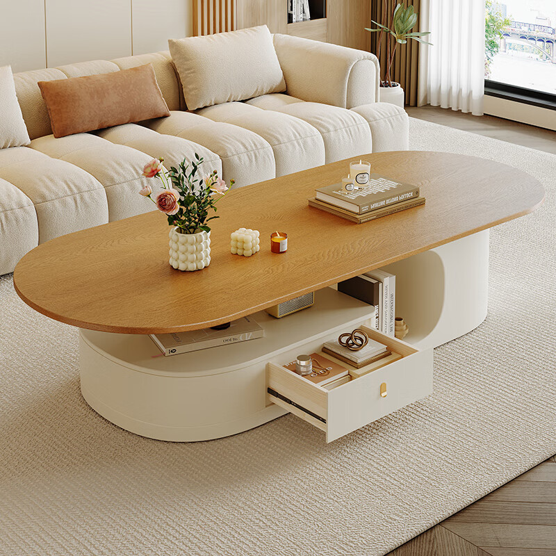 Home cream style living room solid wood coffee table small apartment home light luxury oval table tea table antique style high-end tea table solid wood countertop rosewood color oval coffee table 120*60*42cm