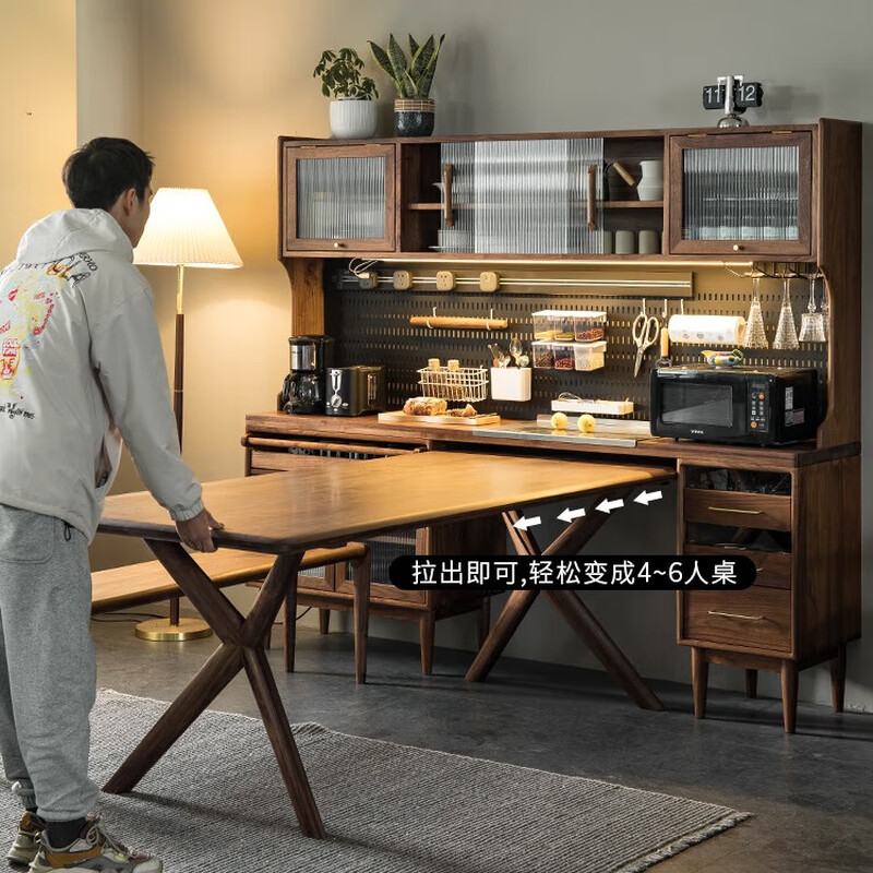 Nanchang solid wood sideboard dining table integrated wall high cabinet with built-in table black walnut wine cabinet cabinet living room multi-function black walnut wood does not include tables and chairs 1.5M