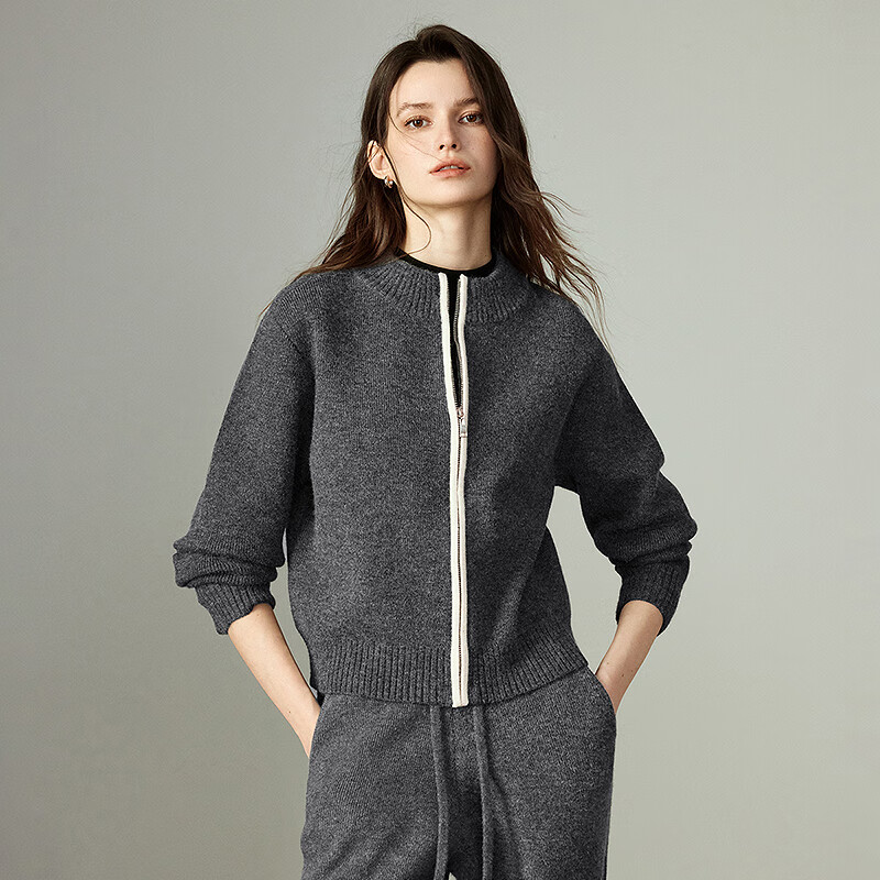 Chuyu Contrast Color Sweater Jacket Wide Leg Pants Women's 2025 Winter New Thick Sports Style Two-piece Suit Dark Gray M