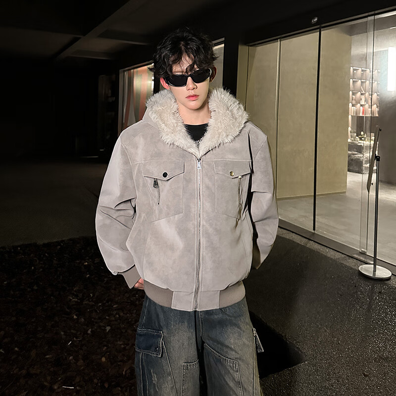 NYING mountain carved pu leather jacket men's winter new American trendy brand plus velvet thickened warm casual jacket loose top gray L (105-120 pounds)