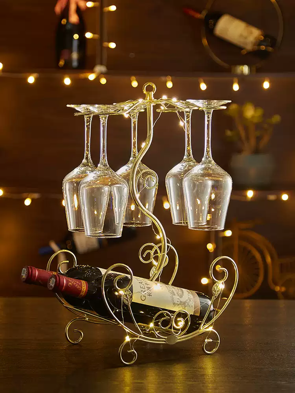 Fantasy creative wine rack, home wine bottle rack, upside-down wine glass rack, European style wine cabinet ornaments, wine rack, small flower boat - gold + 6 180ml wine glasses