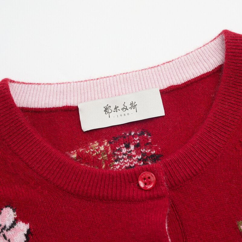 Ordos 1980 pure cashmere round neck jacquard decoration casual cardigan women's commuter cashmere cardigan autumn and winter bright red XL 170/92A