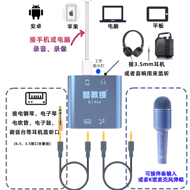 Professor Cool Electric Piano Internal Recording Converter Instrument Internal Recorder Sound Card Electronic Piano Blowing Pipe Mobile Phone Computer Recording Instrument Accessories K1Pro Upgraded High-Fidelity Model (Android + Apple + Computer)