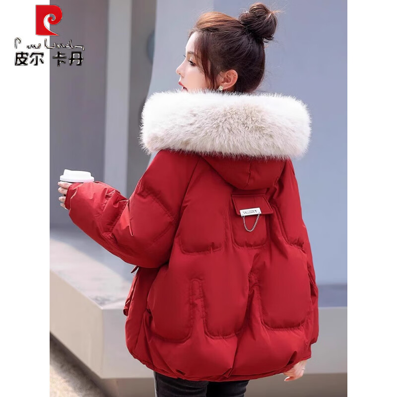 Pierre Cardin Winter 2025 New Down Jacket Women's Short New Year's Shirt Small Thickened Warm Big Fur Collar Warm Jacket Red (Upgraded Version) L Recommended 107-117 catties