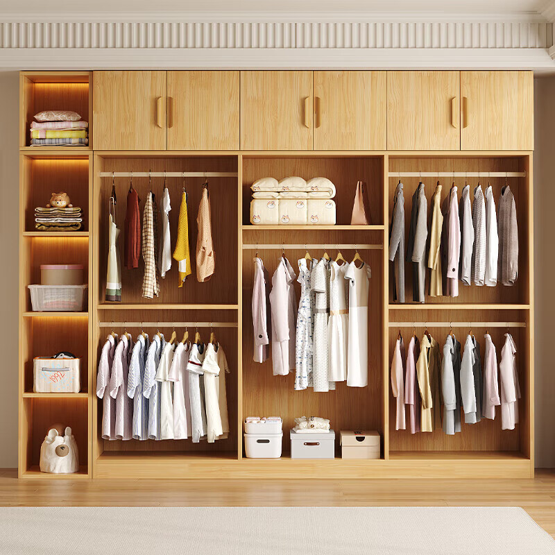 Fengnianlou free delivery 100% solid wood wardrobe bedroom flat door simple large wardrobe home storage cabinet real wood-1.6 meters four doors (160*60*200)