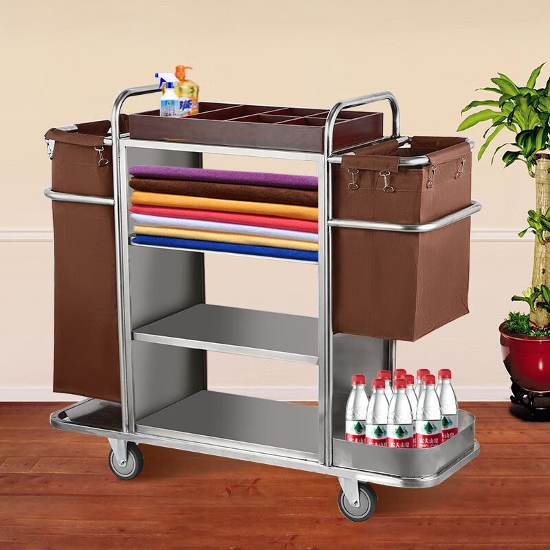 Hotel room multifunctional hand push linen cart cleaning work cart cleaning cart cloth bag guest room entrance hygiene service cart special price single side (4-inch ordinary wheel)