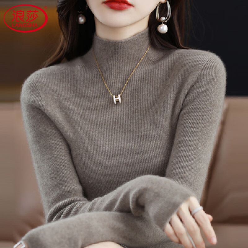 LangSha 100% pure wool sweater for women half turtleneck autumn and winter thickened tight warm sweater with knitted base layer camel XL