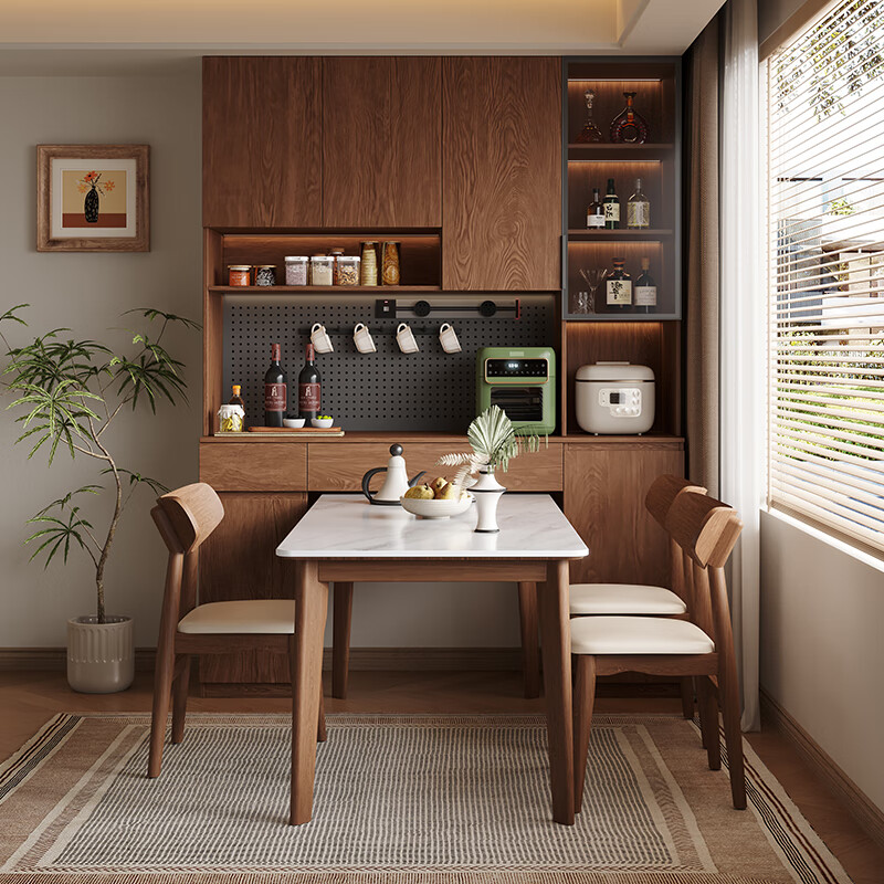 Gougejia sideboard and wine cabinet, wall-mounted integrated dining table, built-in custom-made deep walnut high-end cabinet for small apartments in the living room, 0.8m*2.0m high (two-door sideboard), free perforated board and double-hole track socket by default