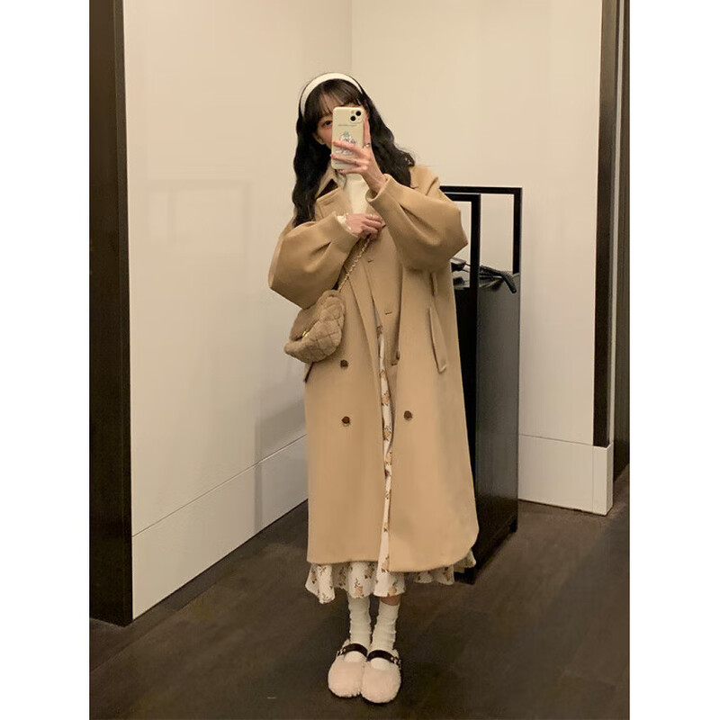Korean style small women's woolen coat 2025 new autumn and winter thickened quilted woolen mid-length coat windbreaker milk coffee color cotton thickened L