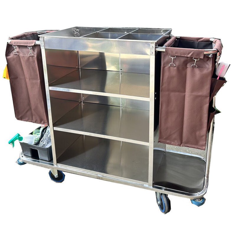Hotel work linen cart universal wheel hotel stainless steel double-sided room entrance cleaning truck room service cart 1.35 meters steel double-sided blue long and short cloth bags - disassembly and assembly of mop rack 1
