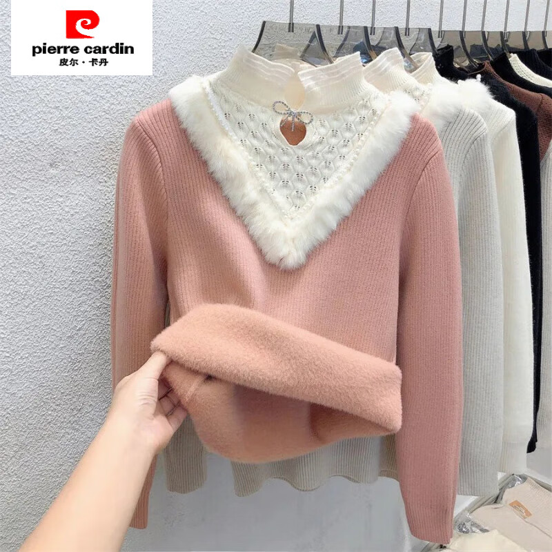 Pierre Cardin thickened velvet sweater for women in autumn and winter, half turtleneck, one-piece velvet bottoming shirt with new lace inside, off-white, one-piece velvet and velvet, French unique and chic, thickened L 115-125 pounds
