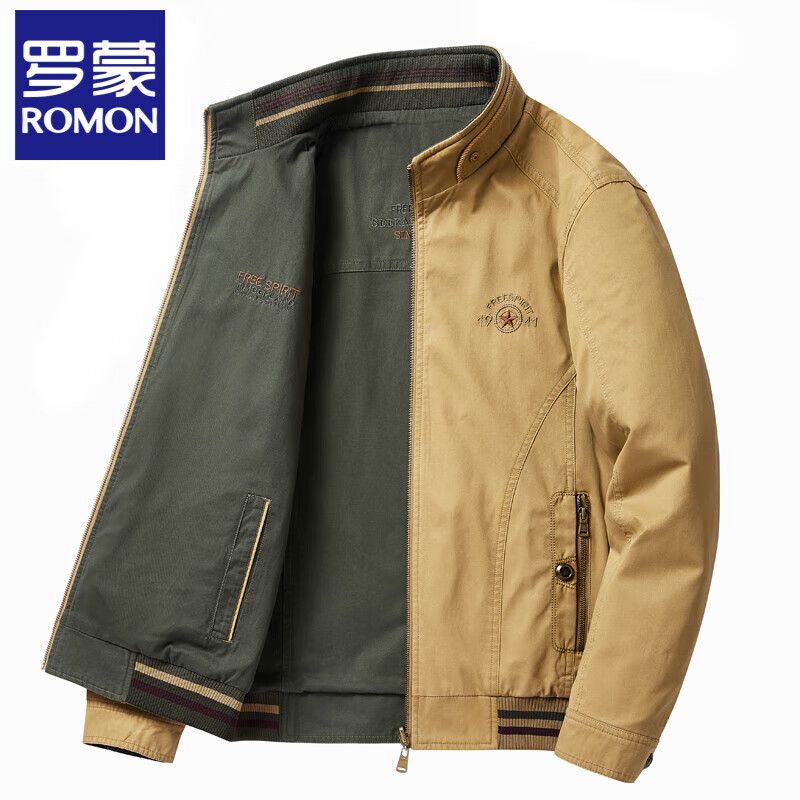 Romon Reversible Jacket Men's Spring and Autumn Pure Cotton Middle-aged Men's Stand-up Collar Top Loose Large Size Dad Casual Jacket