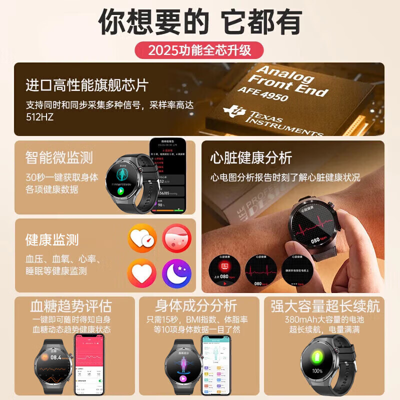 Guangxi 2026 new upgrade Huawei Hongmeng system suitable for non-invasive blood sugar and blood pressure monitoring watch heart rate blood oxygen blood lipid uric acid all-in-one sleep electrocardiogram obsidian black blood sugar blood pressure blood lipid monitoring + five internal organs monitoring + high-definition call