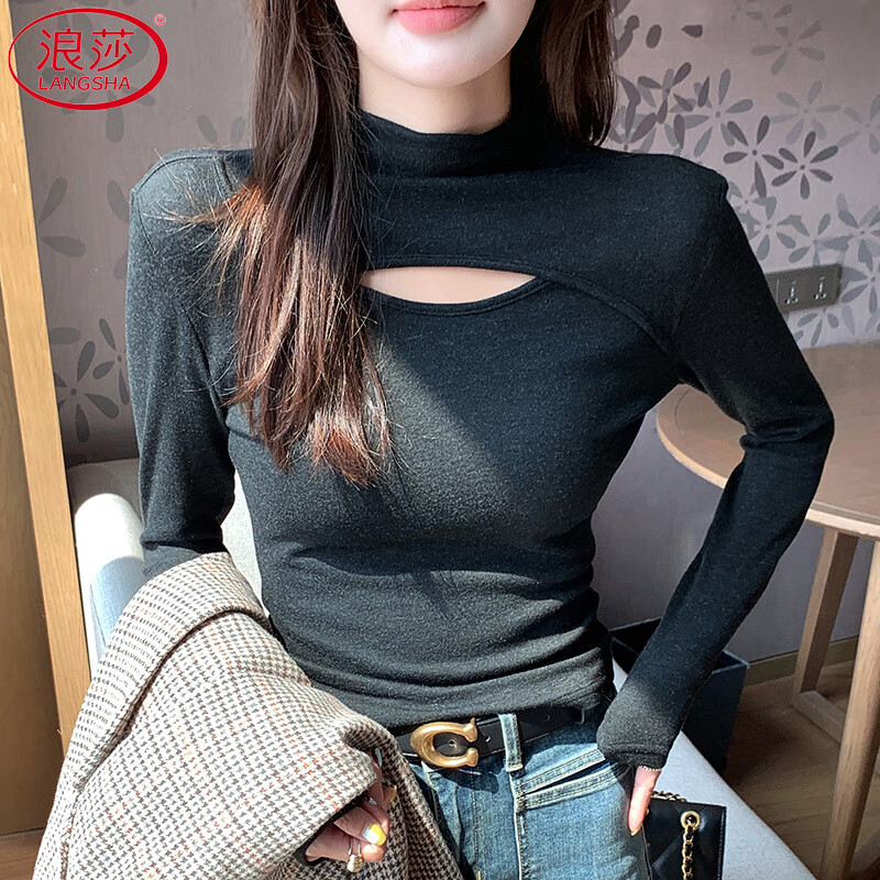 Langsha half turtleneck bottoming shirt for women, brushed inner wear, winter 2025 new style, high-end hollow long-sleeved T-shirt, pure desire top