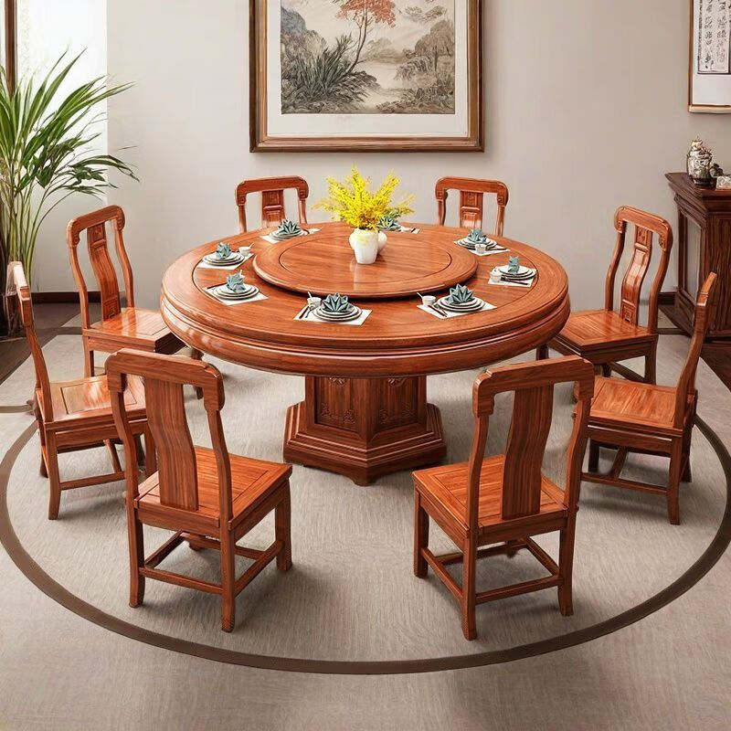 Luxury Craftsman Core antique carved Chinese golden pear wood living room dining table and chair combination 1.8m 2m with turntable dining table Z918 1.8m table 10 chairs (120CM turntable + with large and small glass) standard version golden rosewood