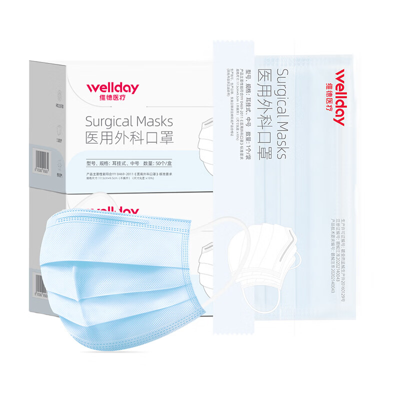 WELLDAY disposable adult medical surgical mask three-layer protective anti-allergic breathable sterilization grade individually packaged 100 pieces