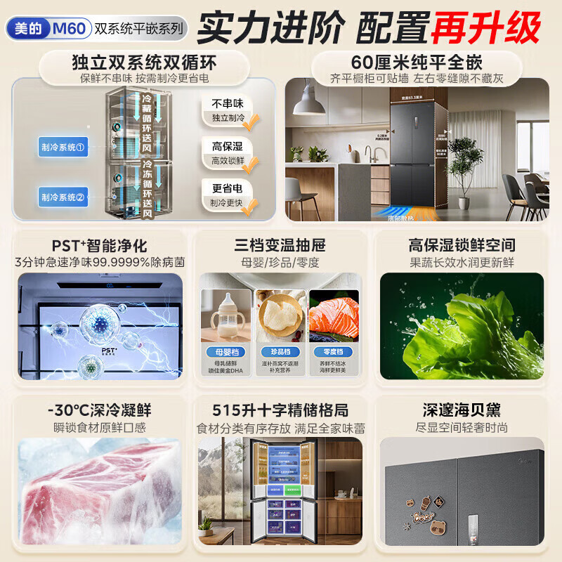 Midea cross-door four-door air-cooled frost-free zero-distance embedded first-class energy-efficiency dual-frequency household refrigerator dual-system zero-embedded MR-541WUSPZE