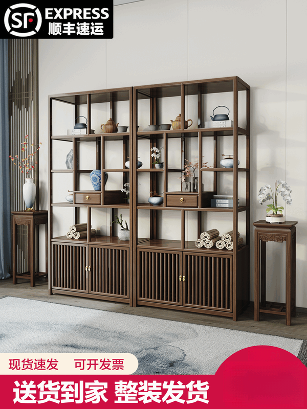 Chinese solid wood antique rack living room partition tea Duobao Pavilion antique ornaments storage rack bookshelf display display cabinet 98 two doors and one bucket ancient rack single (left) (Nan Yumu) limited to 5 sets 196x28x196cm