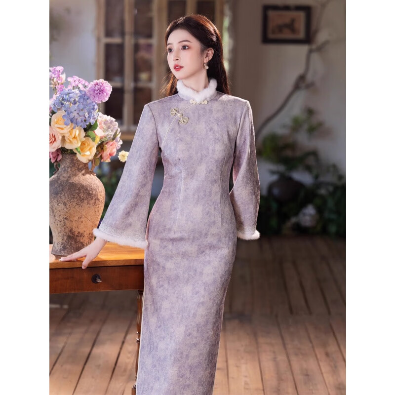 Du Yanzhi 2025 winter new style jacquard composite super soft plus velvet thickened long cheongsam light purple noble and elegant temperament cheongsam light purple plus velvet L 100-110 catties (height standard of 1.6 meters)