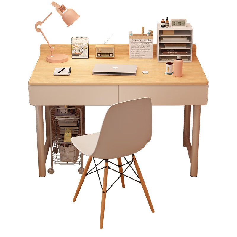 Minyu Steel Wood Desk Desktop Home Simple Office Desk Girls Bedroom Study Desk Small Apartment Table and Chair Set 120cm Warm White + White Frame