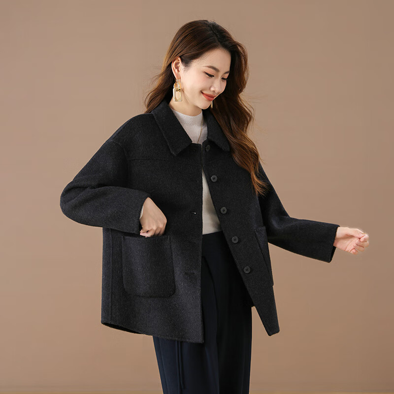 Qianbainian 100% sheep wool double-sided wool coat for women autumn and winter new style small lapel single-breasted mid-length coat carbon black L