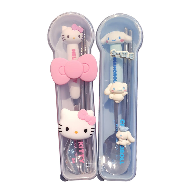 Shiganu Sanrio 304 stainless steel portable tableware single child cartoon chopsticks spoon office worker three-piece set genuine kitty (free three-dimensional stickers)