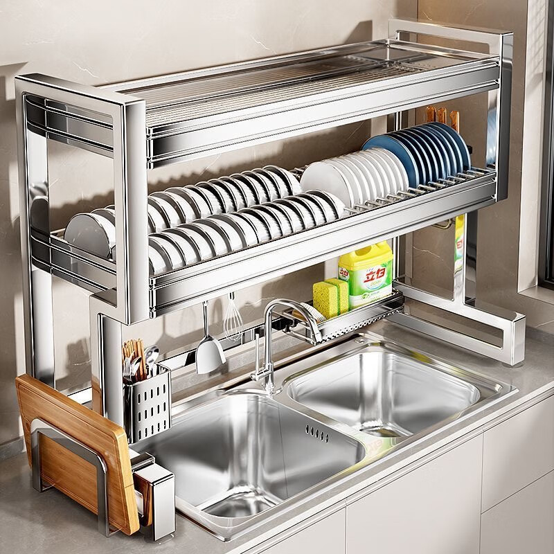 Benwang (BW) stainless steel thickened kitchen sink storage rack drain rack sink side drain basket countertop sink dish storage rack double layer thickened 304 stainless steel 66cm free five-piece set