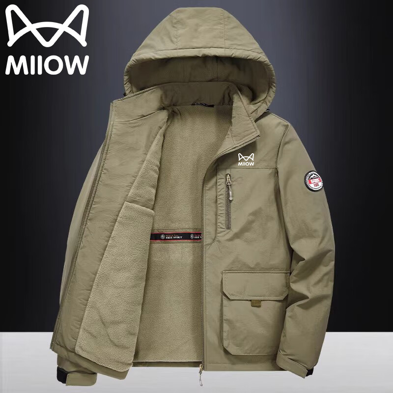 Cat Man Jacket Men's Autumn and Winter Large Size Men's Casual Hooded Plush Warm Jacket Dark Gray 2XL