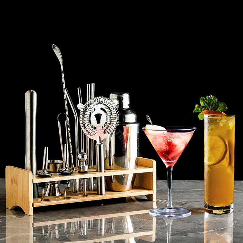 Xiangmanchu Stainless Steel Mixer Set Boston Shaker Container Shaker Cup Commercial Cocktail Mixing Tools Wooden Stand-Boston Set 14-piece Set