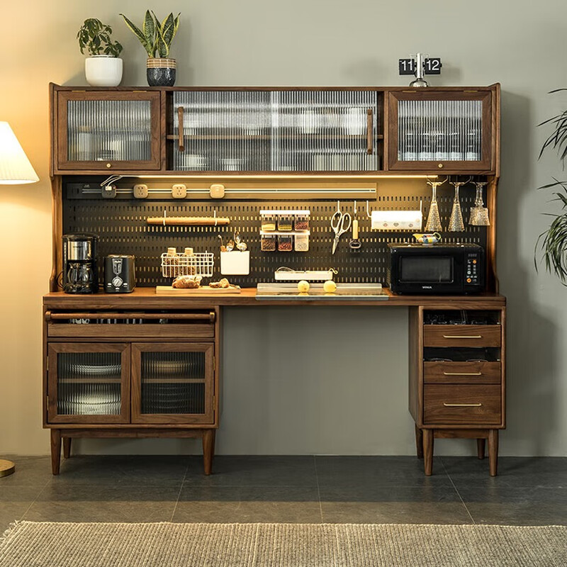 Nanchang solid wood sideboard dining table integrated wall high cabinet with built-in table black walnut wine cabinet cabinet living room multi-function black walnut wood does not include tables and chairs 1.5M