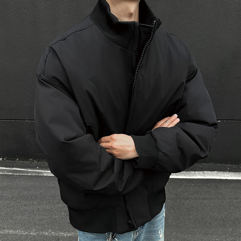 Homlean American retro flight jacket men's autumn and winter stand-up collar baseball uniform casual top coat HJ32 black cotton XL