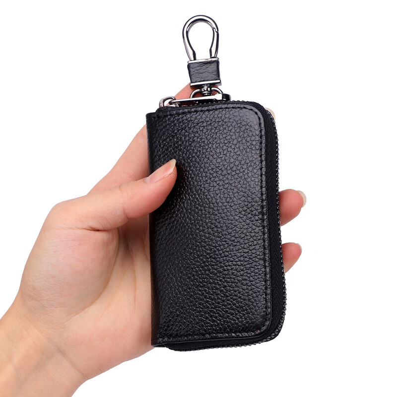 Shijanu genuine leather simple zipper bag black with hanging buckle (single row keychain)