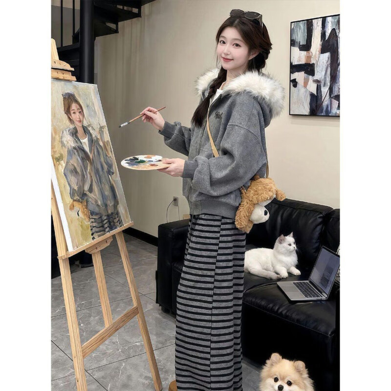 JRET velvet coat for women Korean style gray lazy fur collar 2025 autumn and winter new temperament striped wide-leg pants two-piece set for women fur collar jacket + pants two-piece set plus velvet M recommended 95-110 pounds