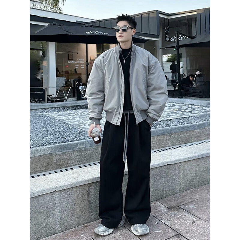 Bo Mingchen bomber jacket men's autumn and winter cotton new American high-end thickened workwear jacket top men black L (recommended 115-130 pounds)