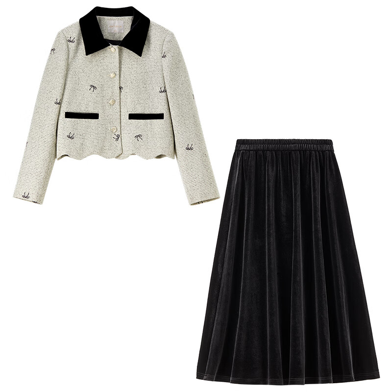 Shandubila Contrast Color Small Fragrance Suit Women's Autumn Lapel Bow Order Short Jacket A-Line Velvet Skirt Two-piece Set
