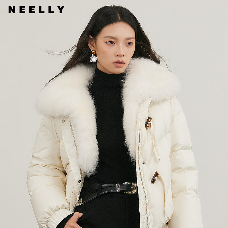 NEELLY shopping mall's same style winter new fox fur collar loose down jacket for women 90 white duck down short jacket ivory white S