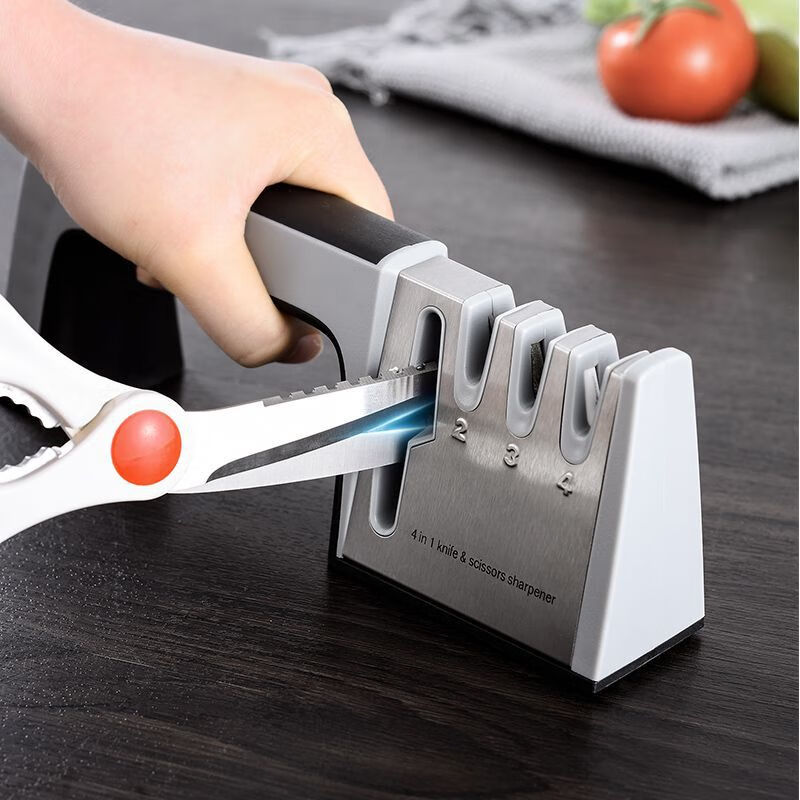 GERTHRON German high-end knife sharpener, household kitchen knife, multi-functional whetstone, fine grinding, quick sharpening scissors tool, kitchen artifact, 4-hole grinding position, cold gray stainless steel - can sharpen scissors