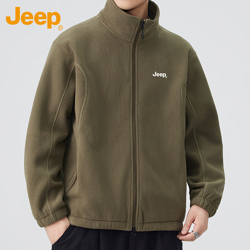 JEEP Jeep Polar Fleece Jacket Men's Autumn and Winter Cardigan Sweater Jacket Warm Top Men's Military Green XL