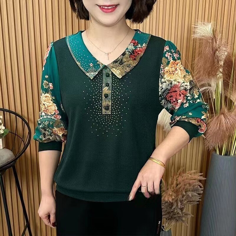 2025 DeRong Fabric Autumn and Winter Large Size Versatile Fashion Belly Covering Top Women's Hot Diamond Western Style T-Shirt Long Sleeve Bottoming Shirt Burgundy 4XL Recommended 160-175 catties
