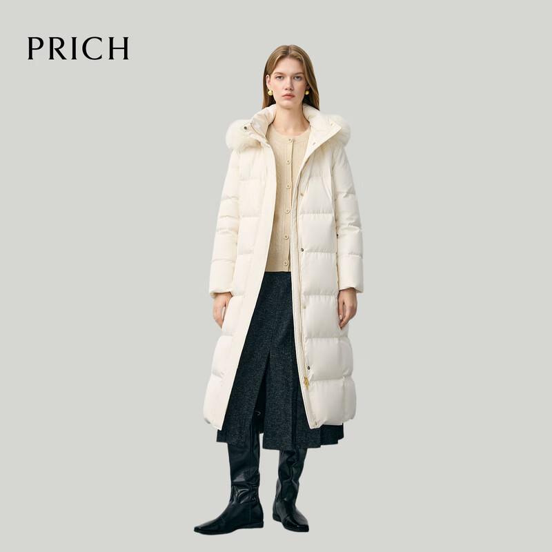 PRICH 90% goose down fashionable hooded fluffy fur collar waist warm long down jacket 2025 winter new new year 19 black M 165