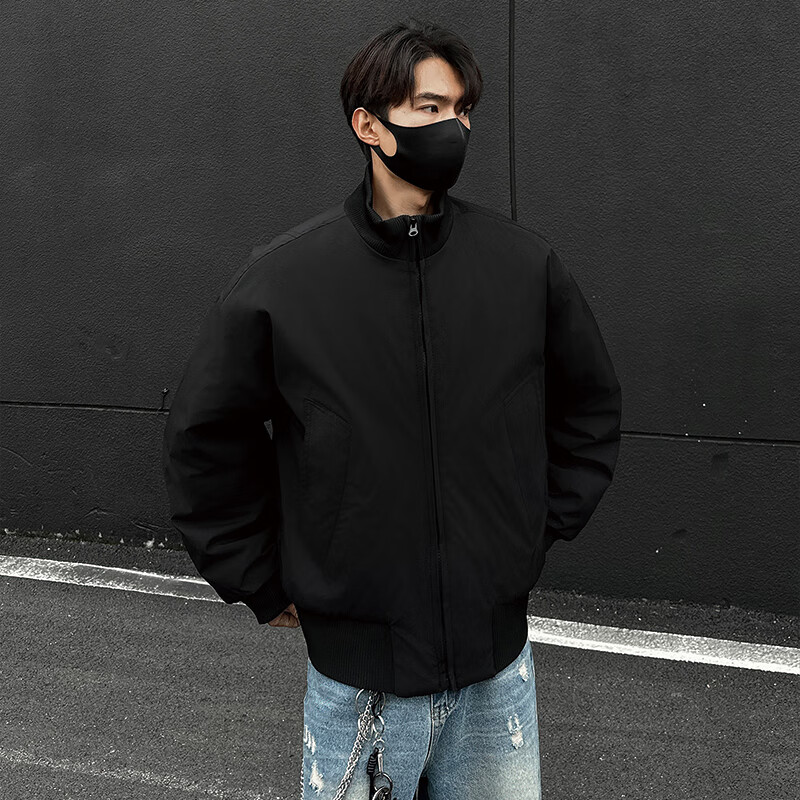 Homlean American retro flight jacket men's autumn and winter stand-up collar baseball uniform casual top coat HJ32 black cotton XL