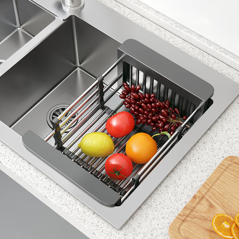 Yusenyi stainless steel telescopic pool drain basket kitchen multi-functional sink rack rag drain rack bowls and plates all stainless steel 304 drain basket small gray