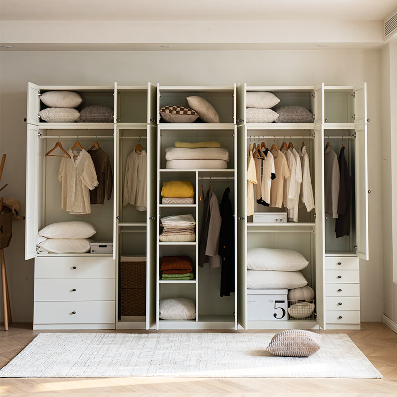 MUNVEN steel wardrobe home bedroom 55cm deep large capacity children's wardrobe with drawer metal storage cabinet 2025 new double-door wardrobe (double short coat style)