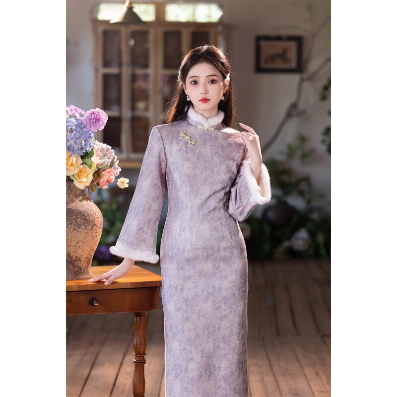 Du Yanzhi 2025 winter new style jacquard composite super soft plus velvet thickened long cheongsam light purple noble and elegant temperament cheongsam light purple plus velvet L 100-110 catties (height standard of 1.6 meters)