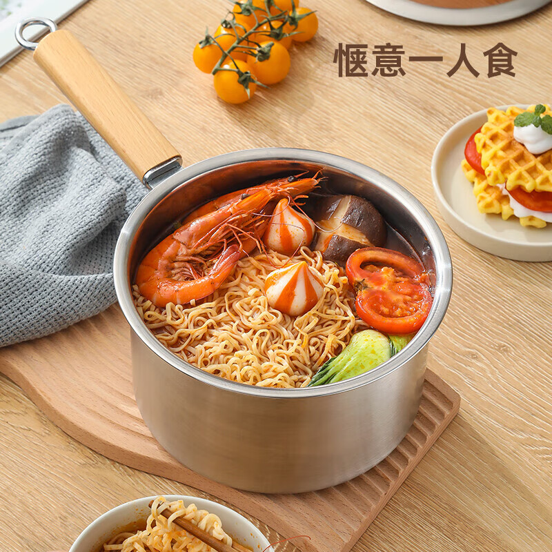 Stainless steel thickened frying pan, food grade food supplement pot, milk pot, noodle cooking pot, household soup pot with frying basket and strainer, deep frying pot + frying basket + lid + food clip, extra thick quality model - 18cm