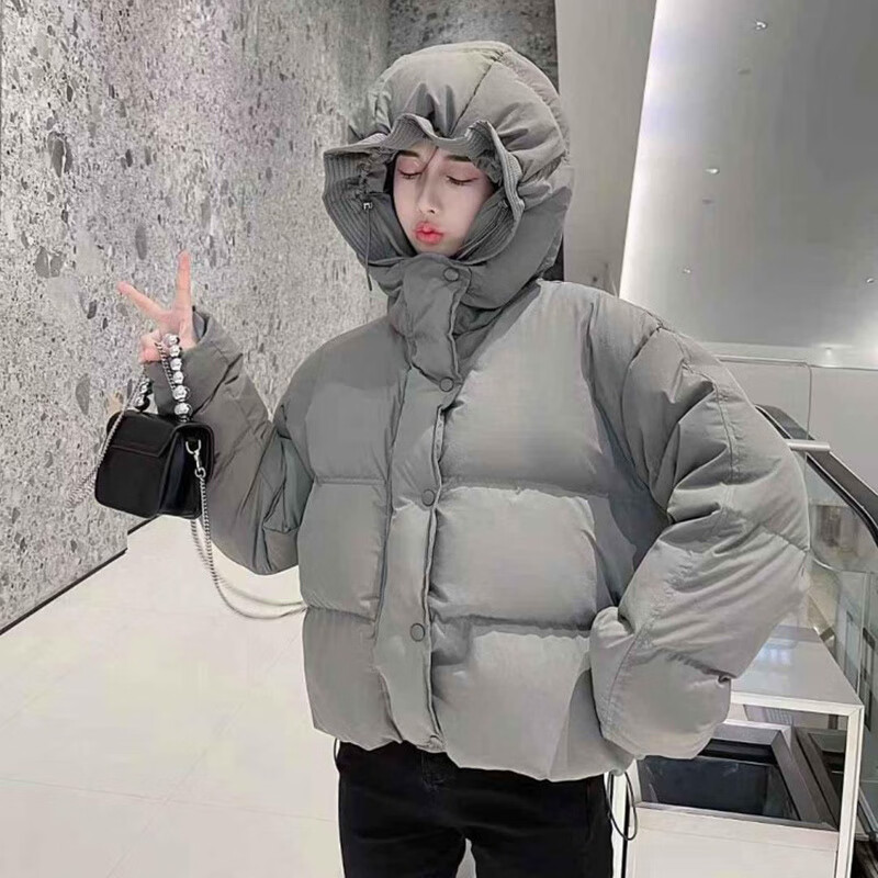 Flower bud temperament suit for women 2025 winter loose hooded thickened short bread suit black S 90-120 catties