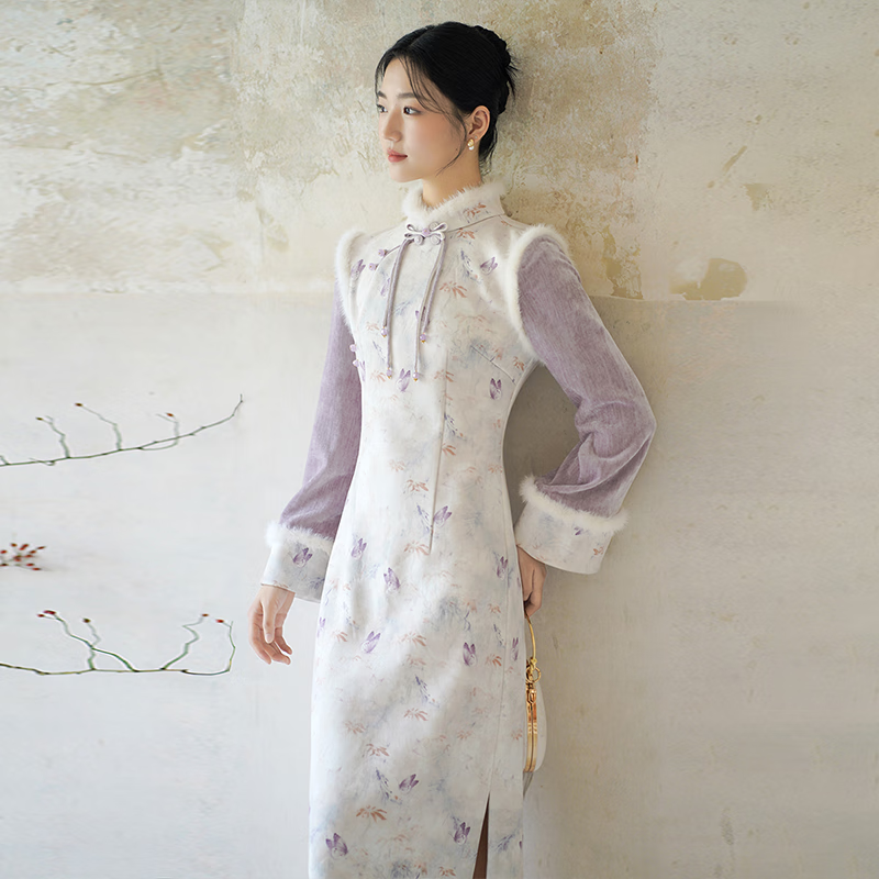 Chuchan Yishi new Chinese style national style dress for women 2025 new winter brushed plus velvet fake two-piece oblique placket buckle slim cheongsam Charming Purple M (pre-order)