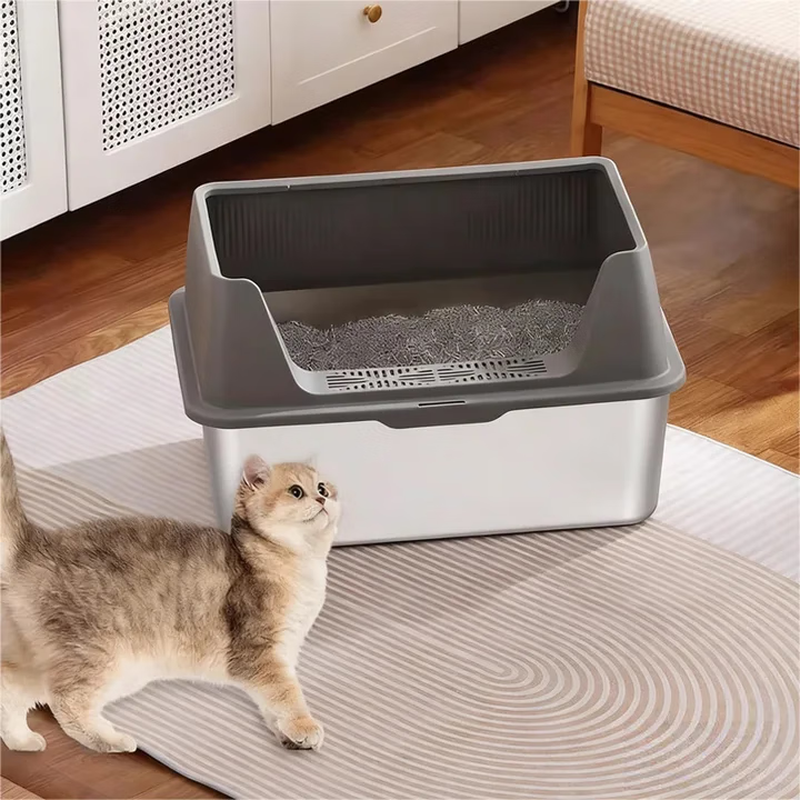 Achaiyomao stainless steel cat litter box with heightened enclosure and extra large open anti-splash cat litter box and cat toilet